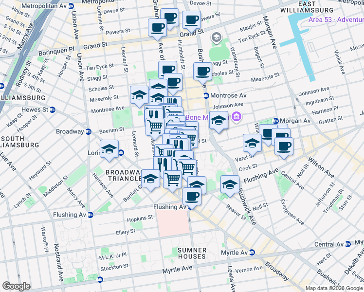 map of restaurants, bars, coffee shops, grocery stores, and more near 110 Seigel Street in Brooklyn