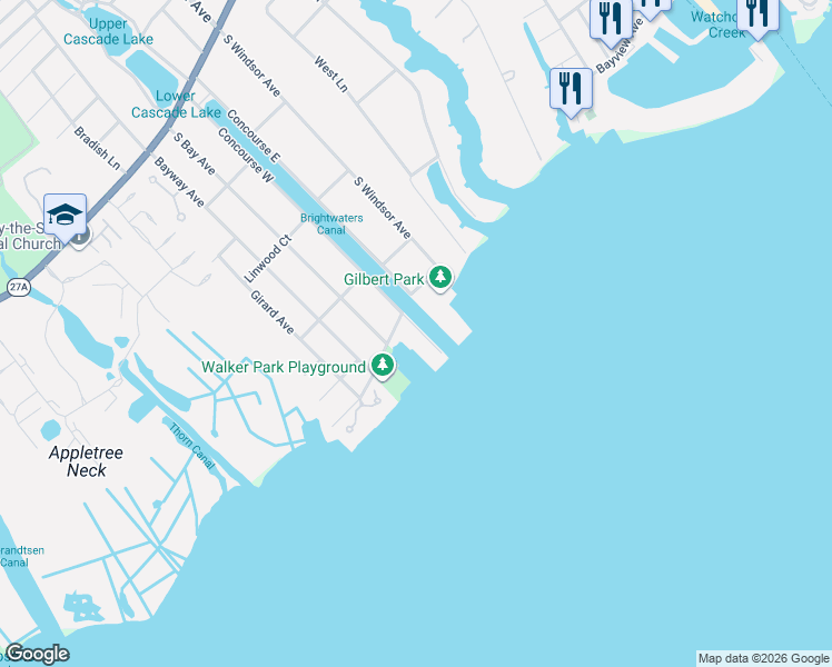 map of restaurants, bars, coffee shops, grocery stores, and more near 13 Concourse West in Brightwaters