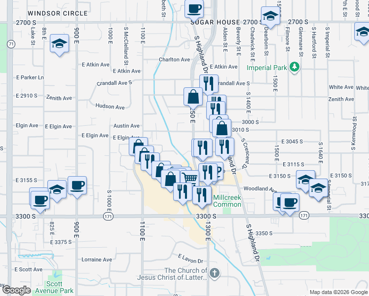 map of restaurants, bars, coffee shops, grocery stores, and more near 3080 South Richmond Street in Salt Lake City
