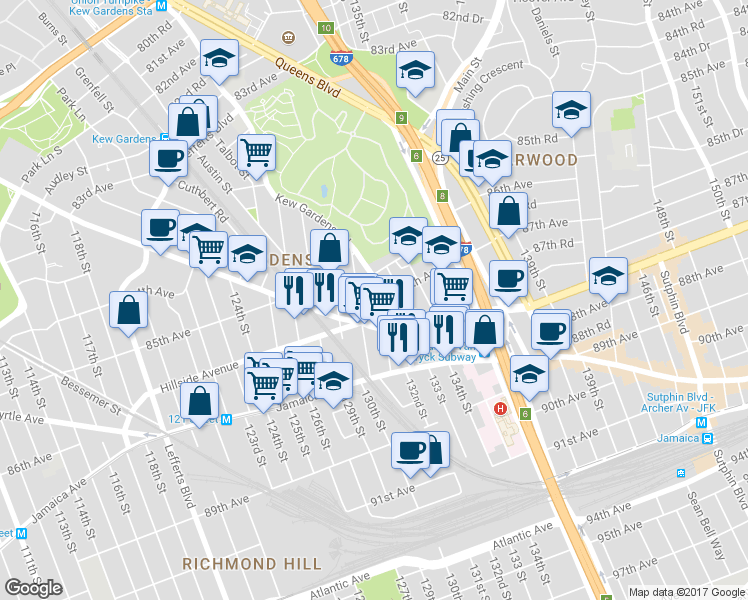 map of restaurants, bars, coffee shops, grocery stores, and more near 85-20 131st Street in Queens