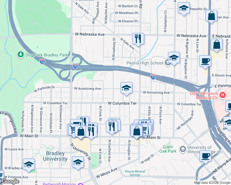 map of restaurants, bars, coffee shops, grocery stores, and more near 1318 North Broadway Street in Peoria