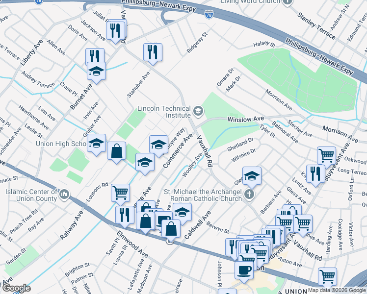 map of restaurants, bars, coffee shops, grocery stores, and more near 1211 Jeanette Avenue in Union