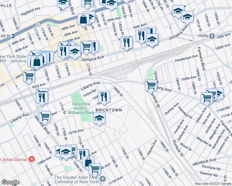 map of restaurants, bars, coffee shops, grocery stores, and more near 177-59 106th Avenue in Queens