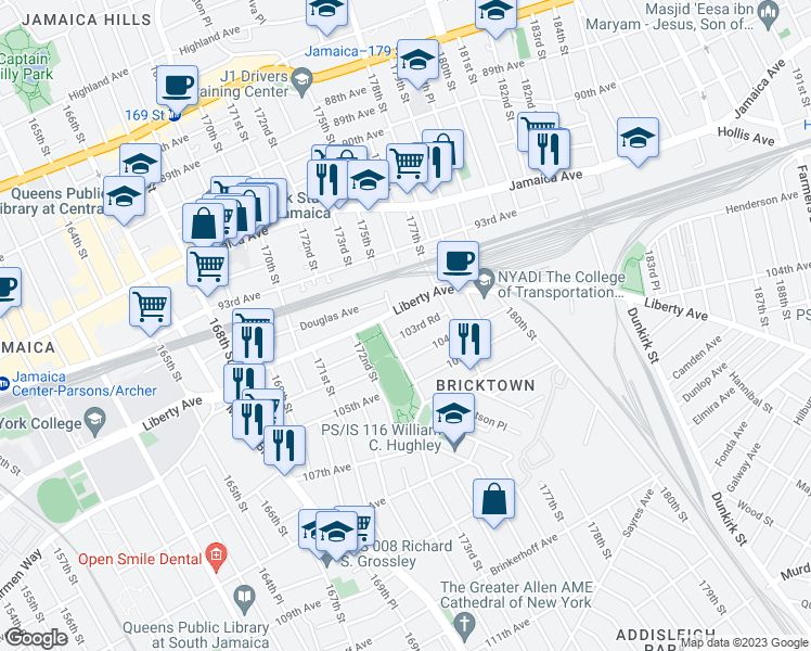 map of restaurants, bars, coffee shops, grocery stores, and more near 173-29 103rd Road in Queens