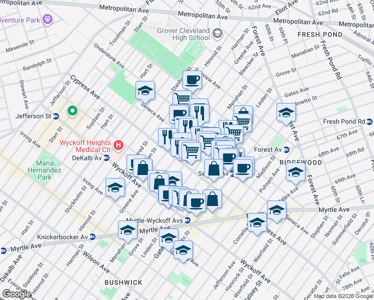 map of restaurants, bars, coffee shops, grocery stores, and more near 17-34 Bleecker Street in Queens