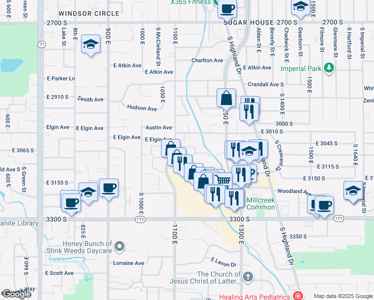 map of restaurants, bars, coffee shops, grocery stores, and more near 1227 Brickyard Road in Salt Lake City