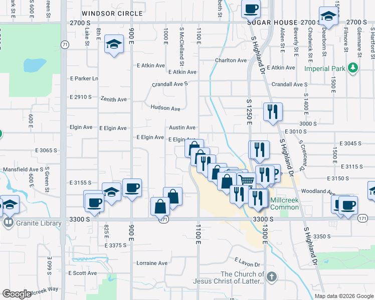 map of restaurants, bars, coffee shops, grocery stores, and more near 1129 Brickyard Road in Salt Lake City