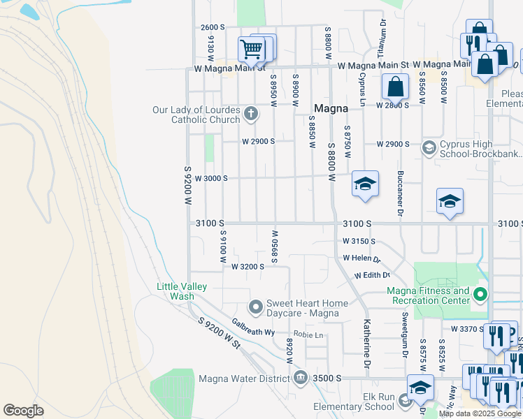 map of restaurants, bars, coffee shops, grocery stores, and more near 3080 South 8950 West in Magna