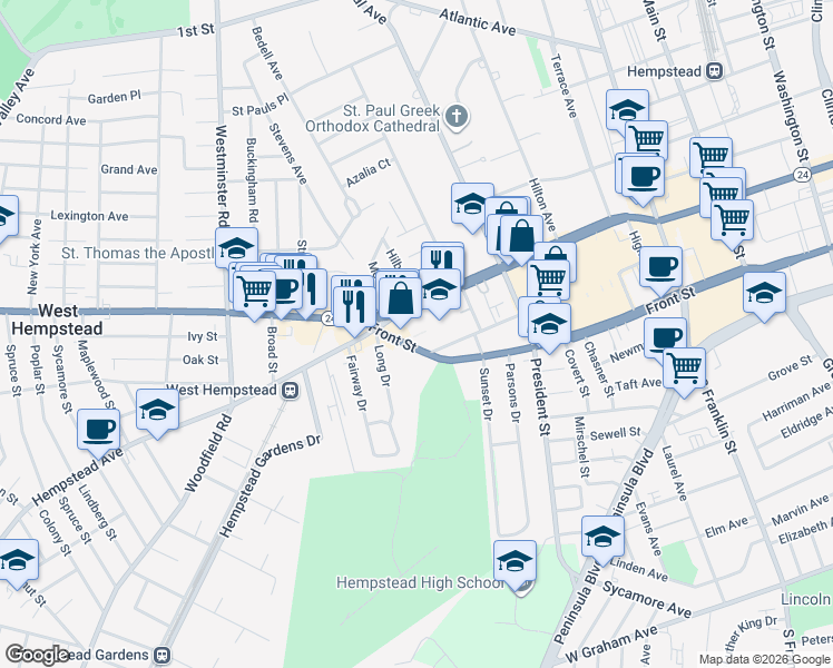 map of restaurants, bars, coffee shops, grocery stores, and more near 14 Front Street in Hempstead