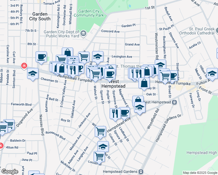 map of restaurants, bars, coffee shops, grocery stores, and more near 34 Poplar Street in West Hempstead