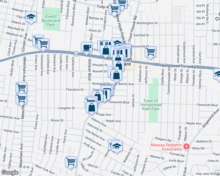 map of restaurants, bars, coffee shops, grocery stores, and more near 1031 Theodora Street in Franklin Square