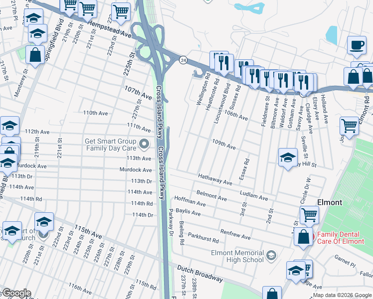 map of restaurants, bars, coffee shops, grocery stores, and more near 181 Heathcote Road in Elmont