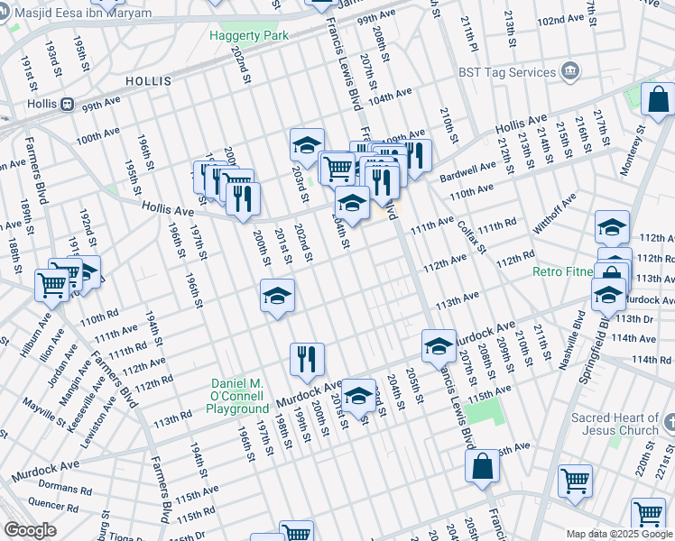 map of restaurants, bars, coffee shops, grocery stores, and more near 111-2 203rd Street in Queens