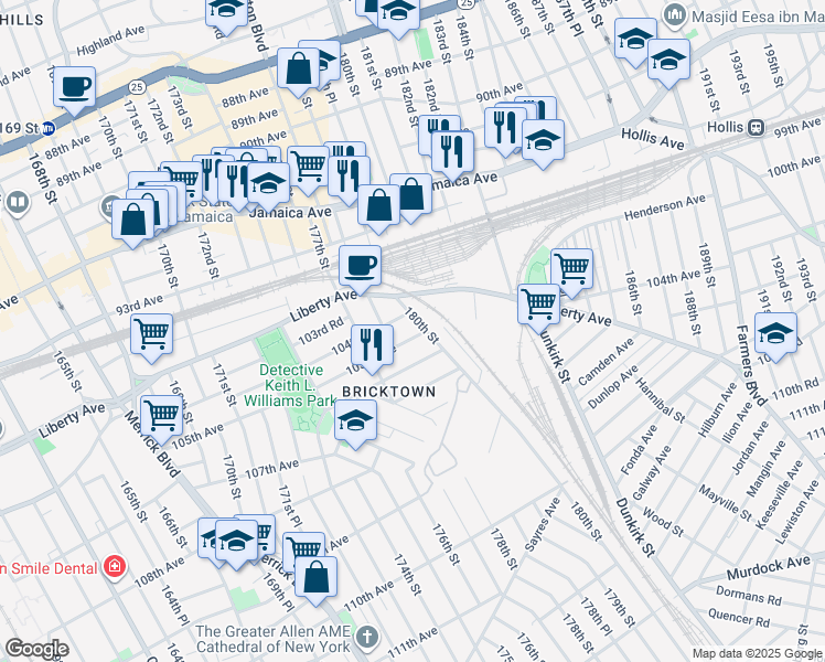 map of restaurants, bars, coffee shops, grocery stores, and more near 177-59 106th Avenue in Queens