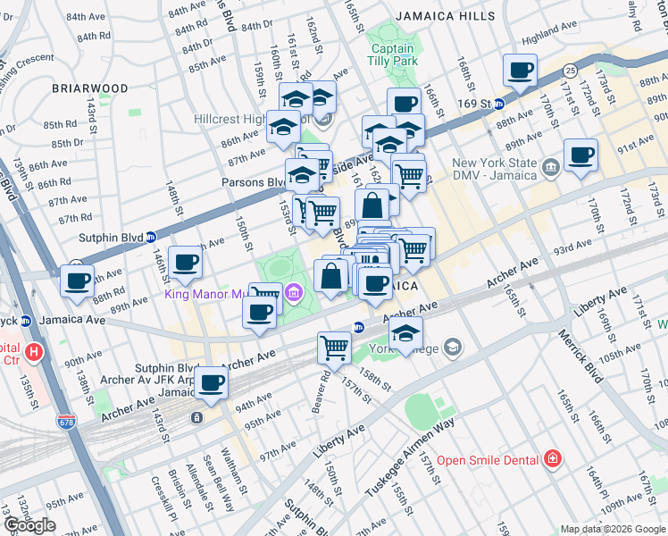 map of restaurants, bars, coffee shops, grocery stores, and more near 155-19 Jamaica Avenue in Queens