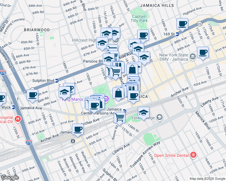 map of restaurants, bars, coffee shops, grocery stores, and more near 90-05 153rd Street in Queens