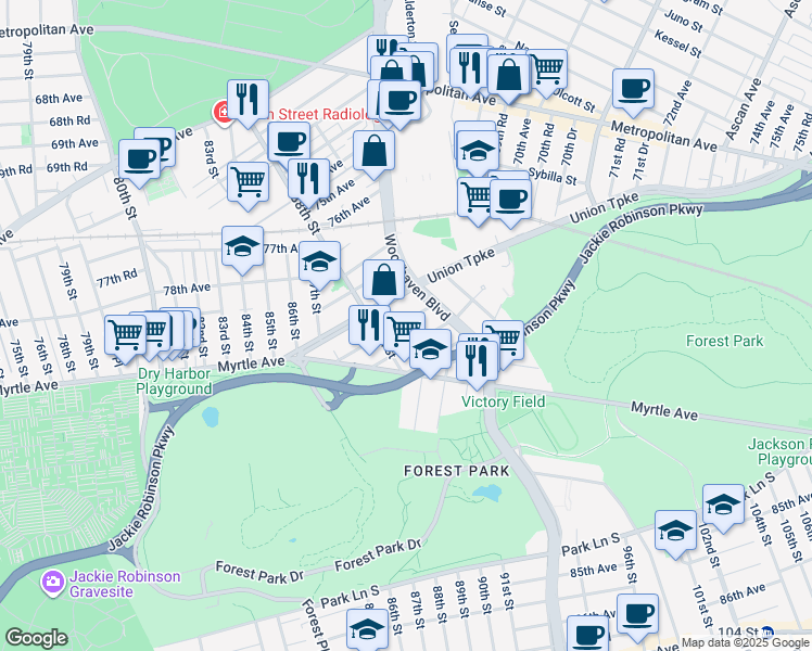 map of restaurants, bars, coffee shops, grocery stores, and more near 88-52 81st Avenue in Queens