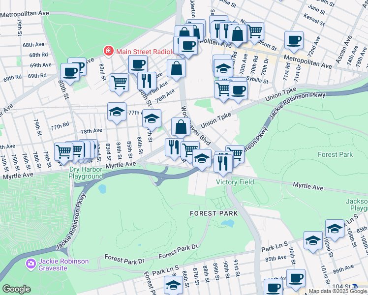 map of restaurants, bars, coffee shops, grocery stores, and more near 88-52 81st Avenue in Queens