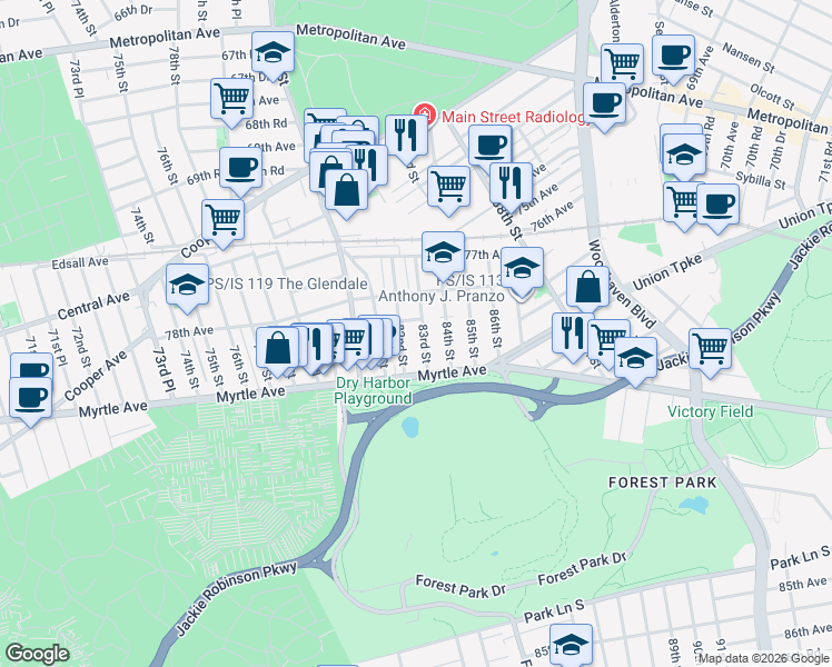 map of restaurants, bars, coffee shops, grocery stores, and more near 78-56 83rd Street in Queens