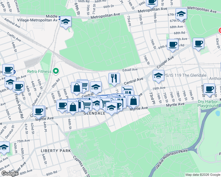 map of restaurants, bars, coffee shops, grocery stores, and more near 71-03 69th Place in Queens
