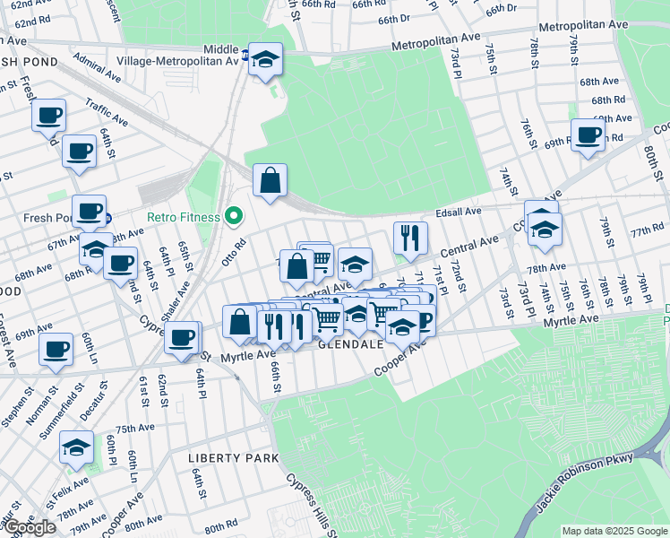 map of restaurants, bars, coffee shops, grocery stores, and more near 70-35 68th Street in Queens