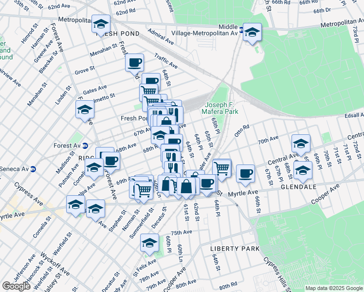 map of restaurants, bars, coffee shops, grocery stores, and more near 6865 Fresh Pond Road in Queens