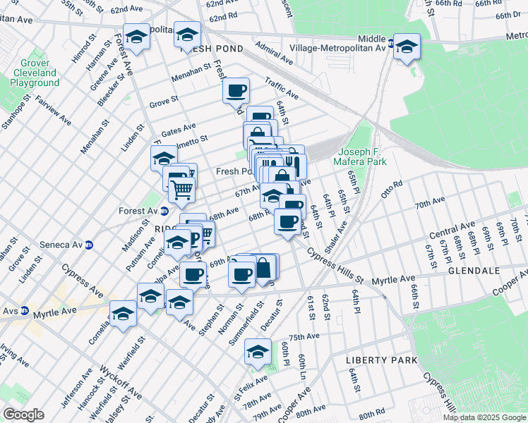 map of restaurants, bars, coffee shops, grocery stores, and more near 60-56 68th Road in Queens