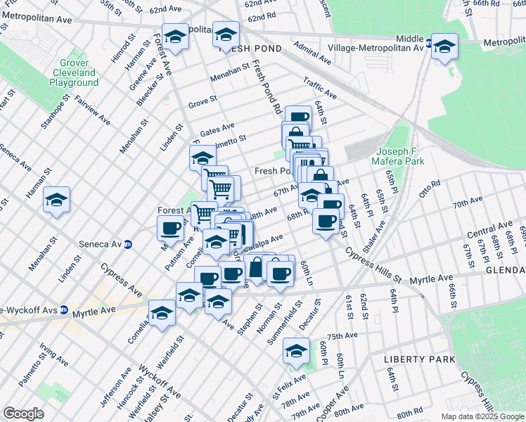 map of restaurants, bars, coffee shops, grocery stores, and more near 60-27 68th Road in Queens