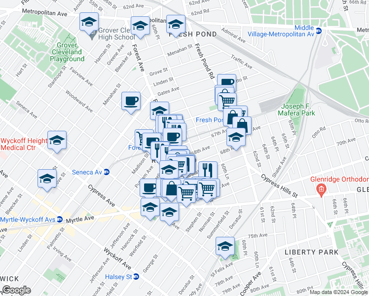map of restaurants, bars, coffee shops, grocery stores, and more near 67-24 60th Street in Queens
