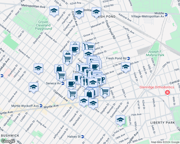 map of restaurants, bars, coffee shops, grocery stores, and more near in Queens