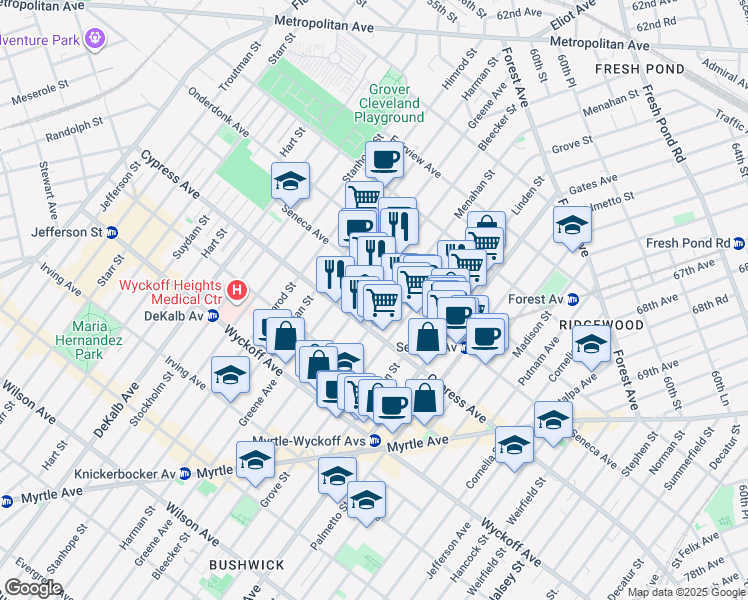map of restaurants, bars, coffee shops, grocery stores, and more near 17-38 Menahan Street in Queens