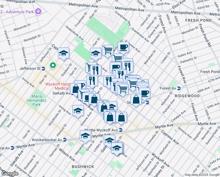 map of restaurants, bars, coffee shops, grocery stores, and more near 236 Cypress Avenue in Brooklyn