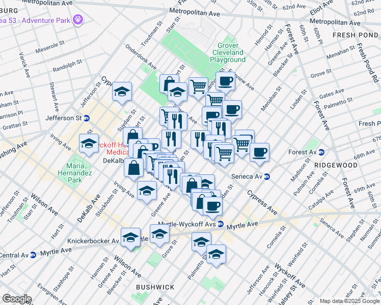 map of restaurants, bars, coffee shops, grocery stores, and more near 1519 Greene Avenue in Brooklyn