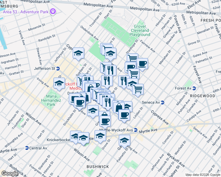 map of restaurants, bars, coffee shops, grocery stores, and more near 187 Saint Nicholas Avenue in Brooklyn
