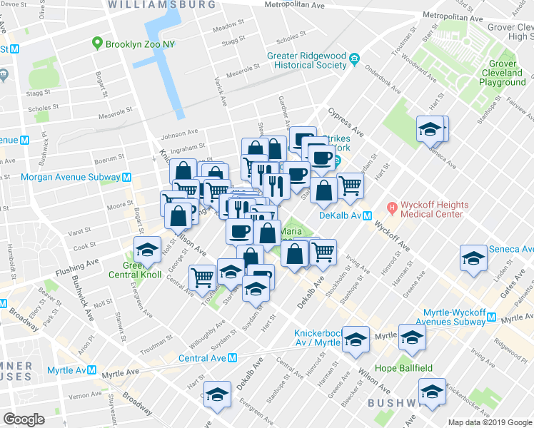 map of restaurants, bars, coffee shops, grocery stores, and more near 272 1/2 Jefferson Street in Brooklyn