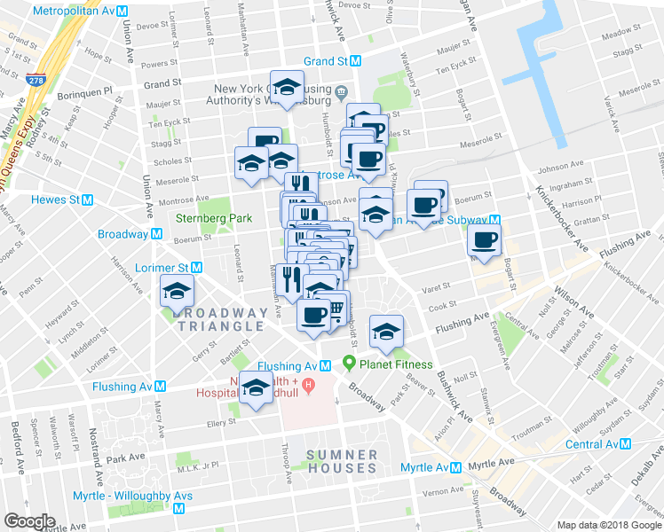 map of restaurants, bars, coffee shops, grocery stores, and more near 113 Moore Street in Brooklyn