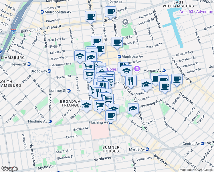 map of restaurants, bars, coffee shops, grocery stores, and more near in Brooklyn