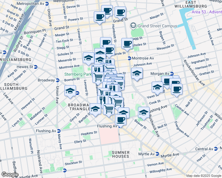 map of restaurants, bars, coffee shops, grocery stores, and more near 69 Moore Street in Brooklyn