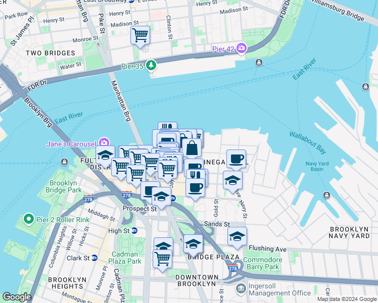 map of restaurants, bars, coffee shops, grocery stores, and more near 23 Bridge Street in Brooklyn