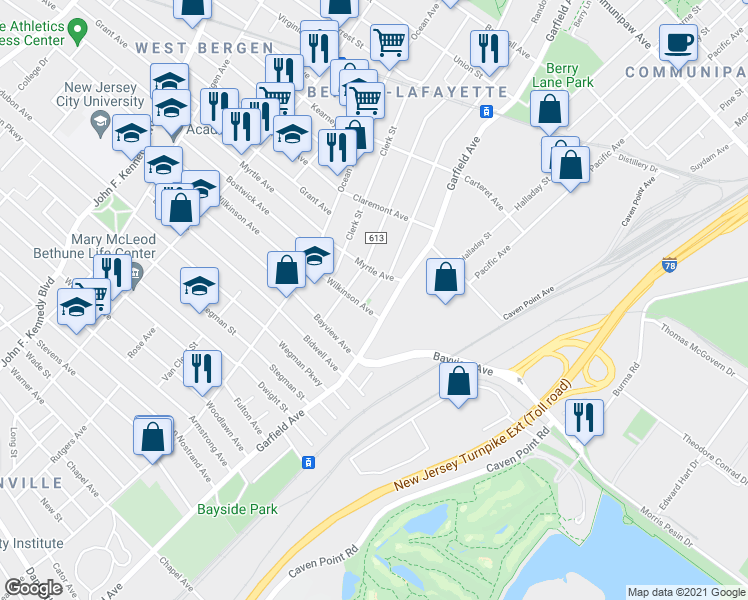 map of restaurants, bars, coffee shops, grocery stores, and more near 12 Wilkinson Avenue in Jersey City