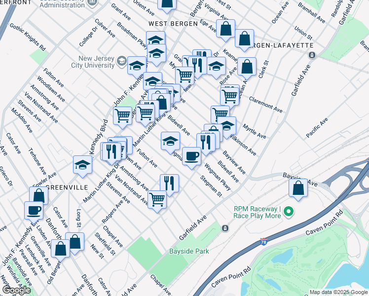 map of restaurants, bars, coffee shops, grocery stores, and more near 86 Van Cleef Street in Jersey City