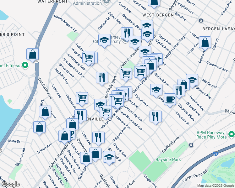 map of restaurants, bars, coffee shops, grocery stores, and more near 189 Woodlawn Avenue in Jersey City