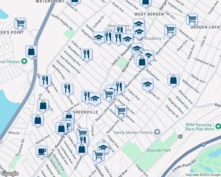 map of restaurants, bars, coffee shops, grocery stores, and more near 12 Bergen Avenue in Jersey City