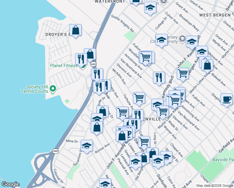 map of restaurants, bars, coffee shops, grocery stores, and more near 371 Cator Avenue in Jersey City