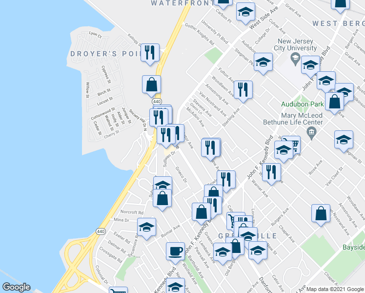 map of restaurants, bars, coffee shops, grocery stores, and more near 371 Cator Avenue in Jersey City