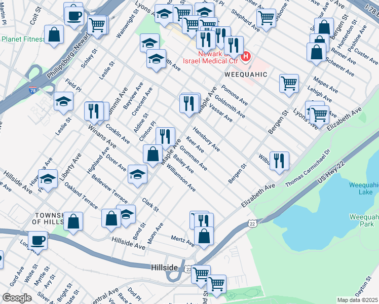 map of restaurants, bars, coffee shops, grocery stores, and more near 124 Grumman Avenue in Newark