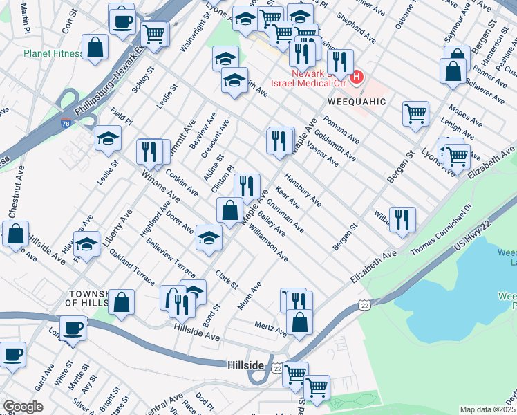 map of restaurants, bars, coffee shops, grocery stores, and more near 150 Bailey Avenue in Hillside