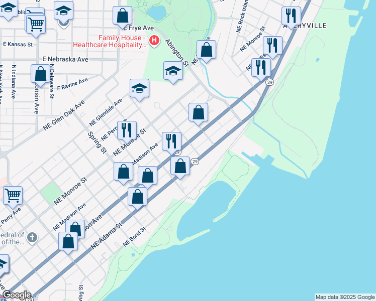 map of restaurants, bars, coffee shops, grocery stores, and more near 1625 NE Adams St in Peoria