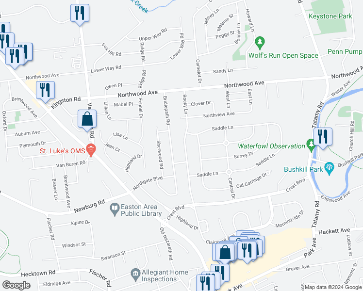 map of restaurants, bars, coffee shops, grocery stores, and more near 3350 Rocky Lane in Easton