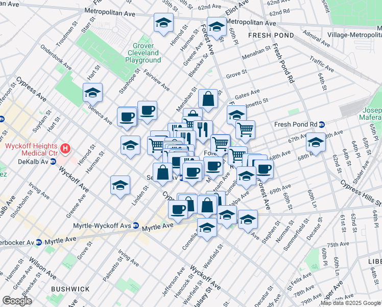 map of restaurants, bars, coffee shops, grocery stores, and more near 18-66 Gates Avenue in Queens